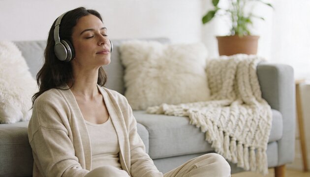 Sitting woman wearing beige loungewear and over-ear headphones in living room by light-grey sofa