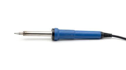 Fototapeta premium Close-up view of a blue soldering iron with a metal tip and black electrical cord against a white background, ideal for electronics repair and DIY projects