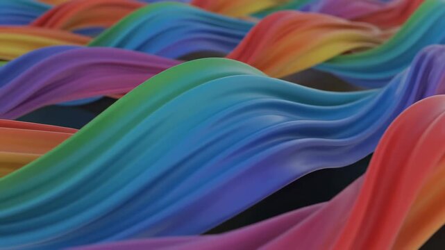 Abstract undulating waves of vibrant rainbow colors flow across a dark textured surface, creating a visually dynamic and artistic representation of multidimensional fluidity and spectral beauty