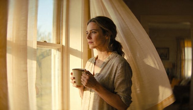 Holding ceramic mug, woman wearing linen blouse near sash window at home, sheer curtains billowing