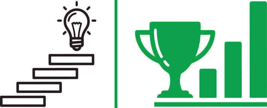Business growth vector icons with stairs, light bulb, trophy, and rising bar chart. Representing the journey from creative idea to achievement and success