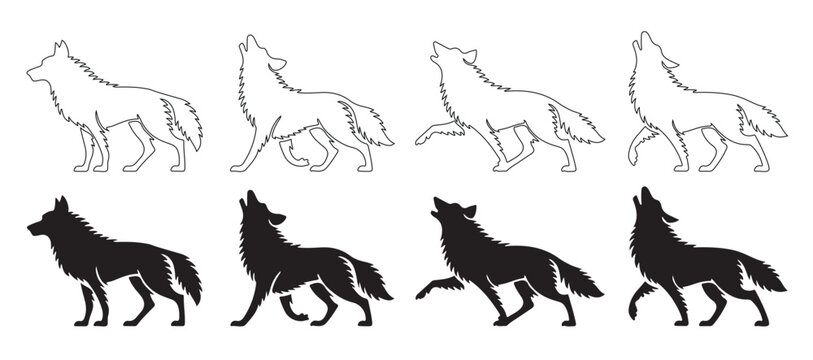 Howling wolf silhouette set, black wild dog animal. Black white wild  wolf icons in various poses, predatory animal for logos and design, vector illustration.