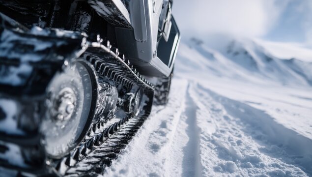 Snowmobile Track Driving on Snowy Mountain Path Close Up.