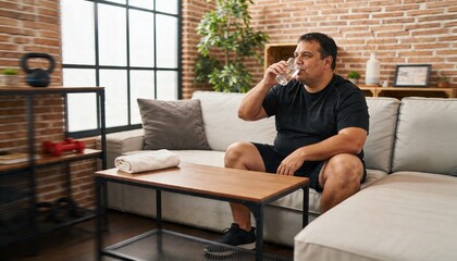 Fototapeta premium Drinking man in black workout wear sitting on sofa at home holding glass towel kettlebell dumbbells