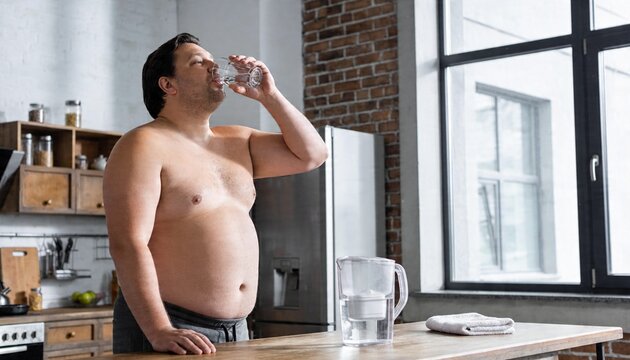 Raising glass, shirtless man in gray pants sipping water at loft kitchen island with filter pitcher