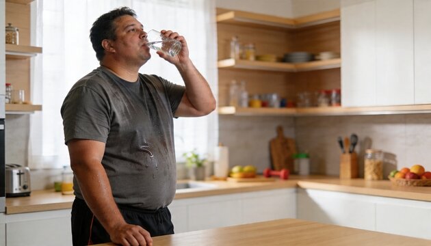 Drinking man wearing wet grey tee standing at kitchen counter holding clear glass near red dumbbell