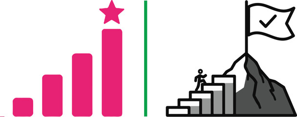 Obraz premium Business growth vector illustration with rising bar chart and person climbing to mountain peak. Symbolizing career success and goal achievement