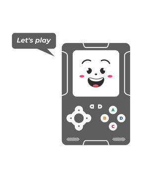 Cute Handheld Game Console Character with Smiling Face and Let Is Play Speech Bubble