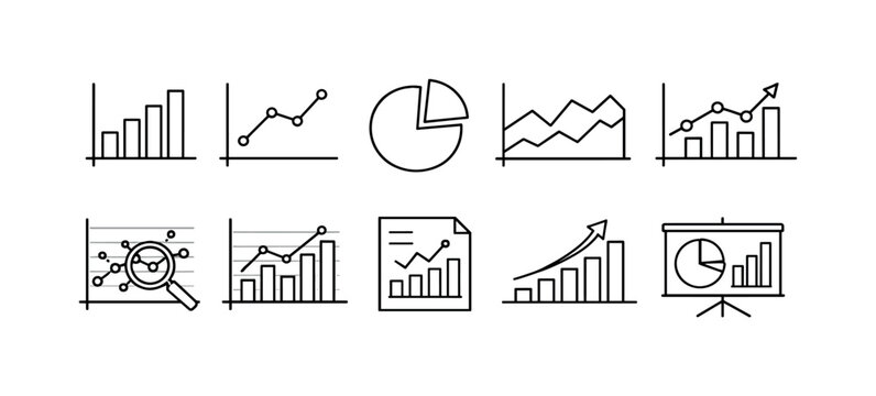 Collection of simple line art icons representing various business and financial charts and graphs