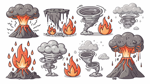 Volcanoes erupting with fire and smoke.