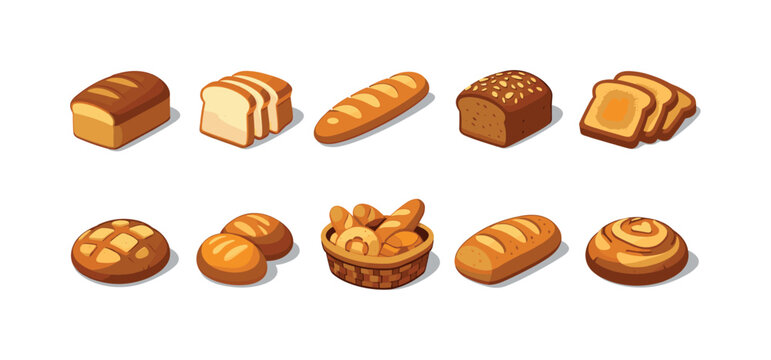 Collection of various baked bread types and pastries presented in a clean isometric illustration