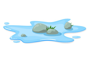 Naklejka premium Water puddle with rock and grass vector isolated. Illustration of a small pond, natural landscape. Green grass between the stones. Outdoor view.