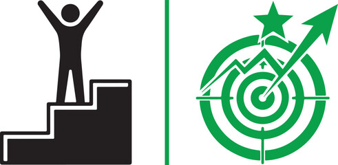 Obraz premium Vector icons of a person on stairs and a target with an upward arrow. Representing business success, goal achievement, and career growth