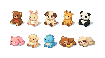 Fototapeta premium Collection of cute cartoon stuffed animal toys for children's room decor