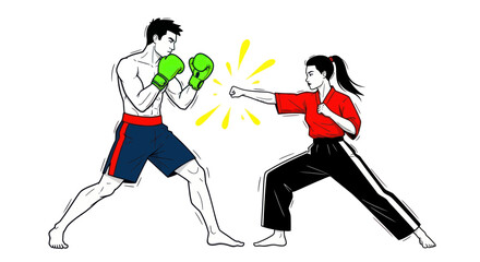 Fototapeta premium Martial Arts Training: Man and Woman Sparring with Boxing Gloves and Punch