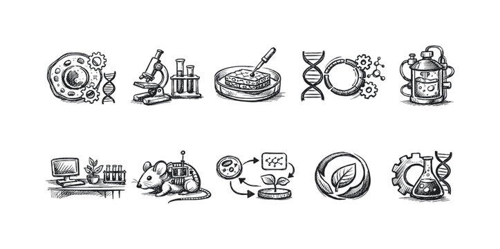 Diverse scientific research icons hand-drawn in sketch style for biotechnology and genetics