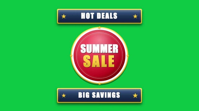 Summer sale hot deals badge with big savings red circle button and star banners on green screen chroma key background for video promotion