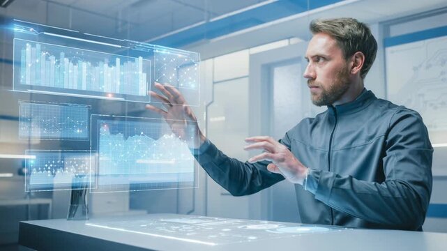 Futuristic businessman analyzing data with interactive digital charts and graphs in modern office