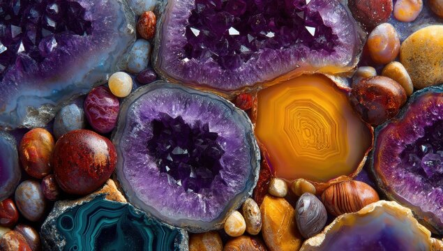 Macro View of Assorted Polished Agate Slices and Amethyst Geodes.