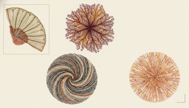 Four detailed illustrations of seashells and coral on white background