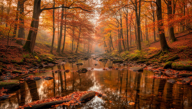 Tranquil autumn forest with golden leaves reflecting in calm pond during sunset