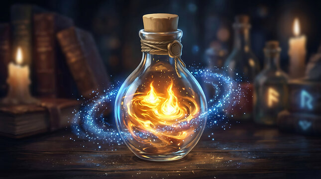 Magic potion bottle with glowing fire and swirling blue energy, wizardry.