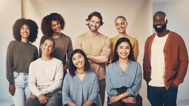 Diverse group of happy young adults smiling and socializing in casual clothing indoors