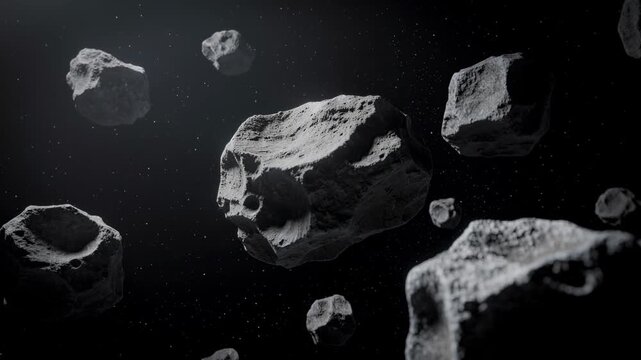 Realistic space scene with floating asteroids in outer space with dark starry background