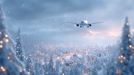 Naklejka premium Passenger jet approaching snowy mountain village at dusk with falling snow and glowing cabin lights