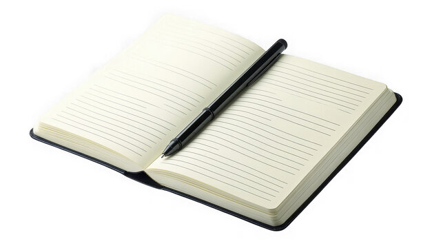 Open notebook with pen on white background