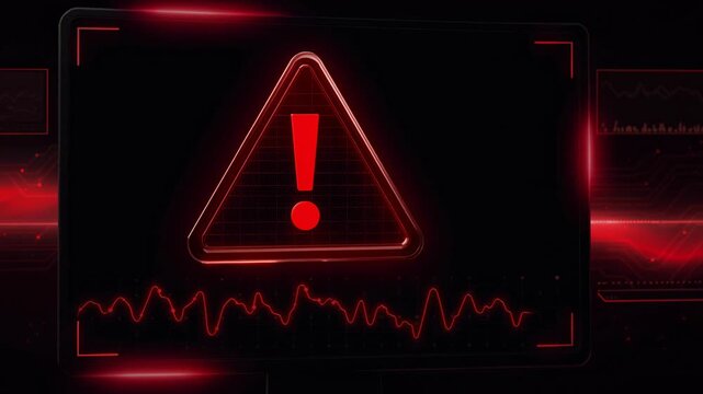 Red warning alert symbol on digital screen with glowing exclamation mark and heartbeat graph for technology safety