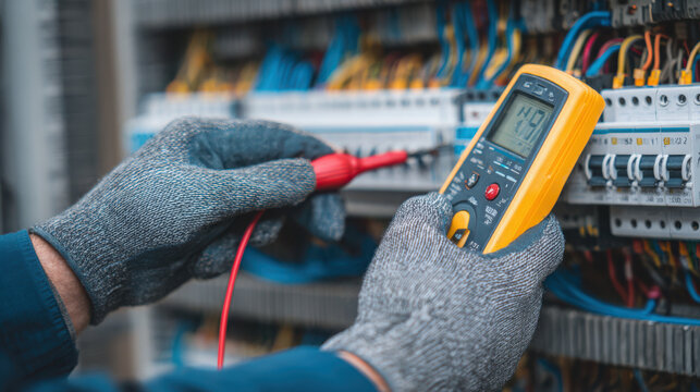 A person wearing gloves using a multimeter to test electrical wiring in a panel