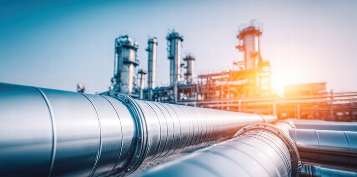 Industrial pipes and plant against a clear blue sky