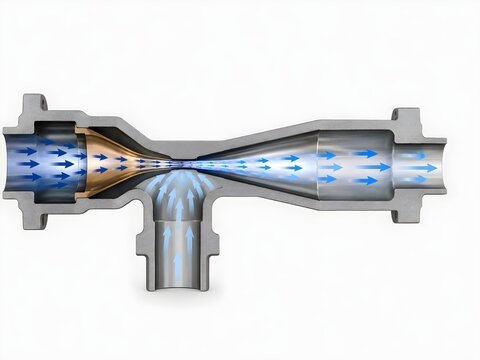 Cross section diagram of a jet pump showing nozzle, throat, diffuser and entrained flow mixing for suction and discharge.
