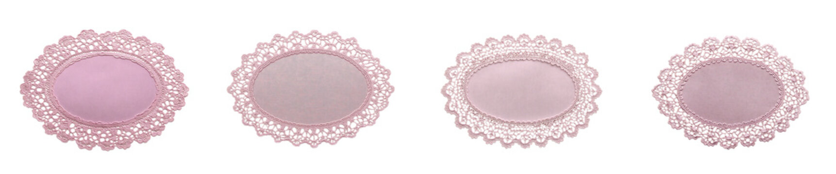 Set of Delicate pink lace doilies oval shaped for table decoration or craft use. png
