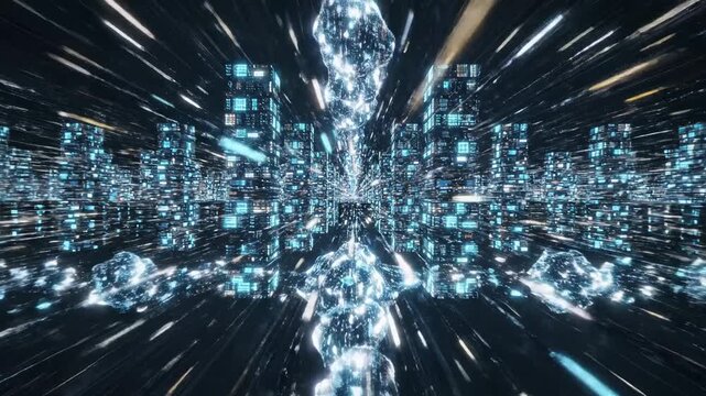 Futuristic cityscape rendered with glowing geometric structures reaching towards an ethereal luminous void, creating a sense of accelerated movement and digital exploration through a dazzling
