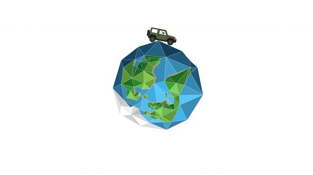 Geometric Earth Rotating with Off-Road Jeep Driving on Top Animation. This high-quality motion graphic is perfect for travel vlogs, global news segments and storytelling about journeys.