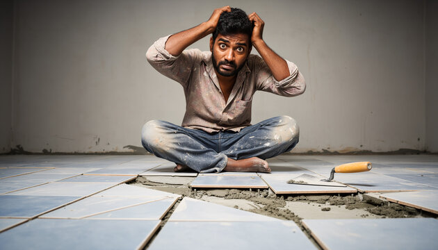 Stressed man sitting on a floor looking at broken ceramic tiles after a failed DIY home renovation project with a trowel in the foreground and a look of despair on his face