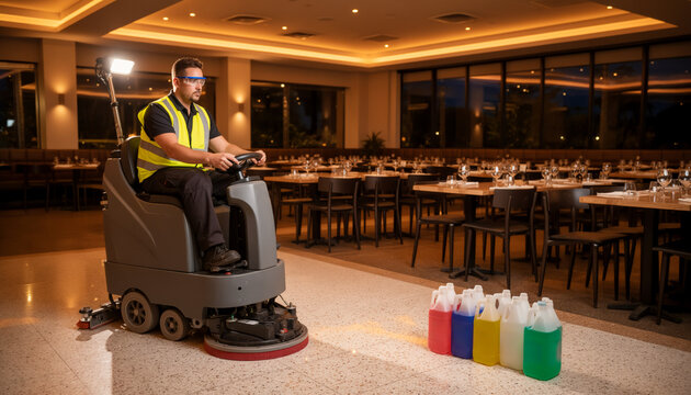 Professional cleaner operating a ride-on floor scrubber machine in a spacious modern restaurant interior during the night with chemical cleaning bottles in the foreground