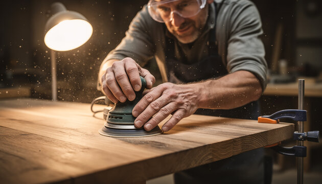 Close up of professional carpenter hands using an electric orbital sander on a solid wood table surface with sawdust flying in a warm workshop environment woodwork concept