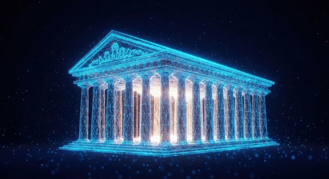 A blue building with columns and a triangular roof illustration