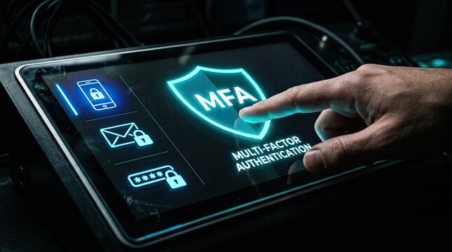 Professional hand touching a digital screen displaying glowing multi factor authentication security shield icons for modern cyber data protection systems