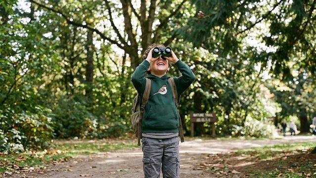 Boy wearing green hoodie and backpack looking through binoculars in a forest