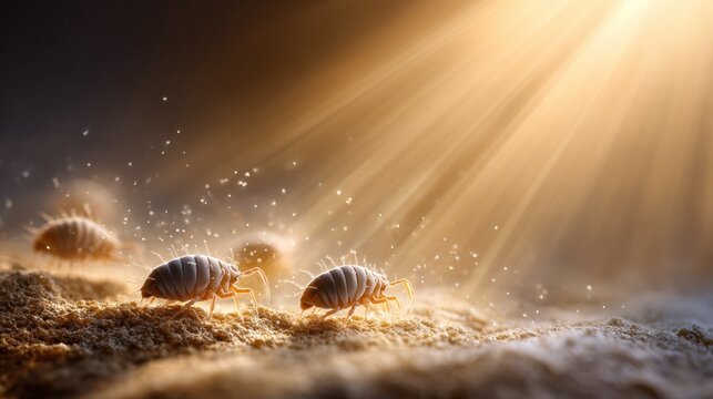 Macro view of woodlice on sandy soil with sunbeams and floating dust particles