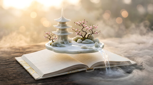 Miniature oriental temple garden floating over open book with flowing waterfall and fog.