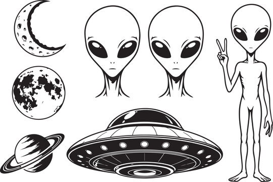 Cute Alien Faces, UFO Spaceship and Planets | Space Cartoon Vector Set - alien, ufo, extraterrestrial, flying saucer, alien vector, sci fi, space illustration, alien character, cartoon alien, ufo vect