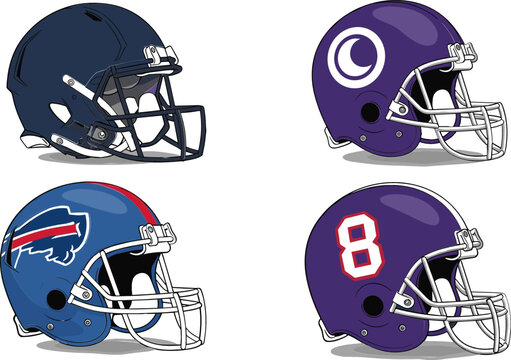 American Football Helmet Icon Set with Team Style Designs and Logos for Sports, Competition, and Athletic Illustrations