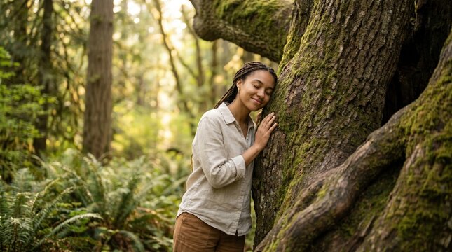 Young biracial woman peacefully hugging old mossy tree in sunlit temperate forest, conveying calm connection with nature and environmental mindfulness