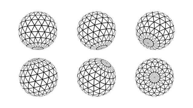 Wireframe Geodesic Sphere And Dome Structure Isolated Diagrams Forms. Striped 3D geometry globe wireframe vector illustration set. 