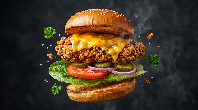 Exploding fried chicken burger with cheese lettuce tomato and onion on dark background.